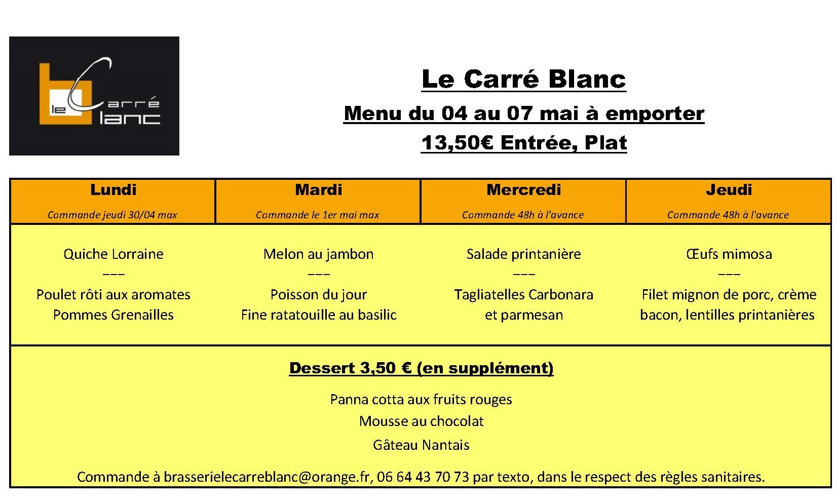 Menu du jour à emporter du 04 au 07 mai - Restaurant Le Carré Blanc